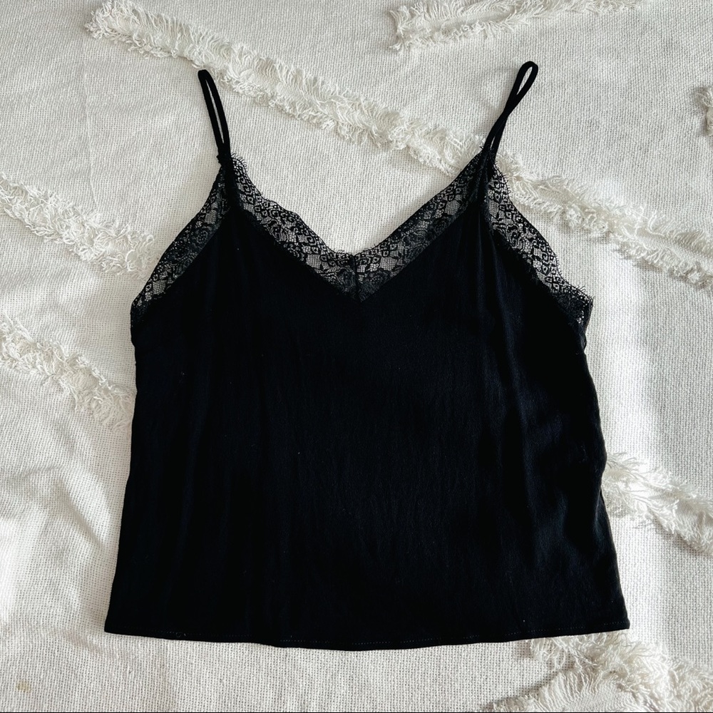Black lace cami, black camisole with lace detail, black tank top with lace